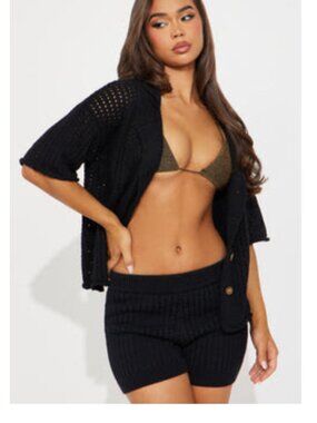 Fashion Nova Sandy Crochet Button Up Short Set Black Two Piece Small